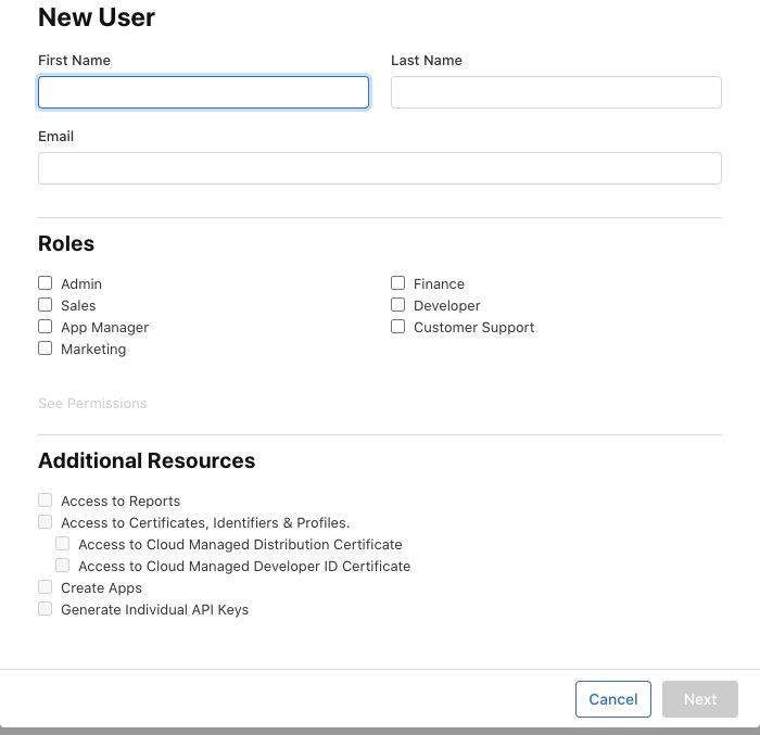 App Store Connect New User 역할 선택 화면
